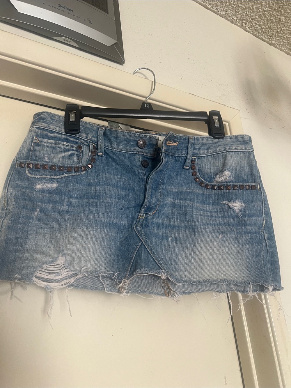 Abercrombie & Fitch Light Blue Distressed Denim Mini Skirt with Stud Accents